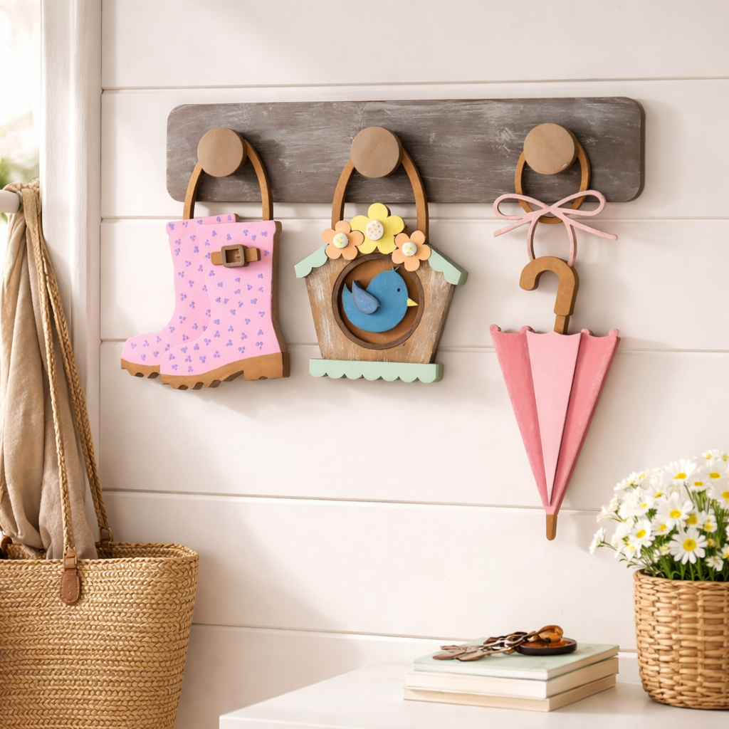 Rain Boots, Umbrella, and Birdhouse Peg Board