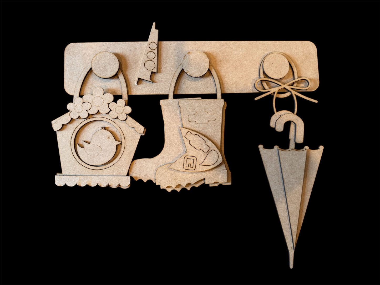 Rain Boots, Umbrella, and Birdhouse Peg Board