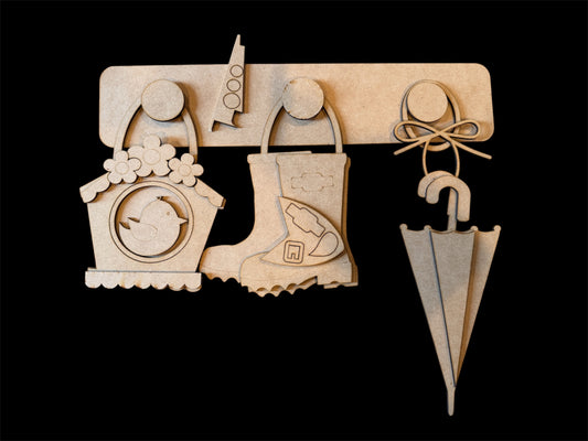 Rain Boots, Umbrella, and Birdhouse Peg Board
